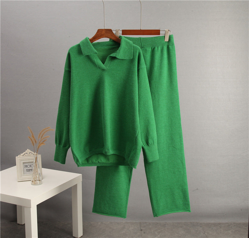 Solid Color Lapel Sweater Set for Women FitiqueFit