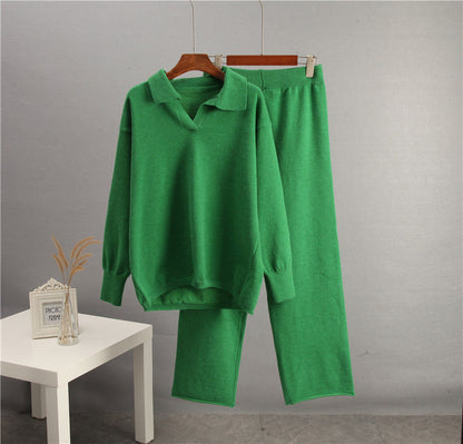 Solid Color Lapel Sweater Set for Women FitiqueFit