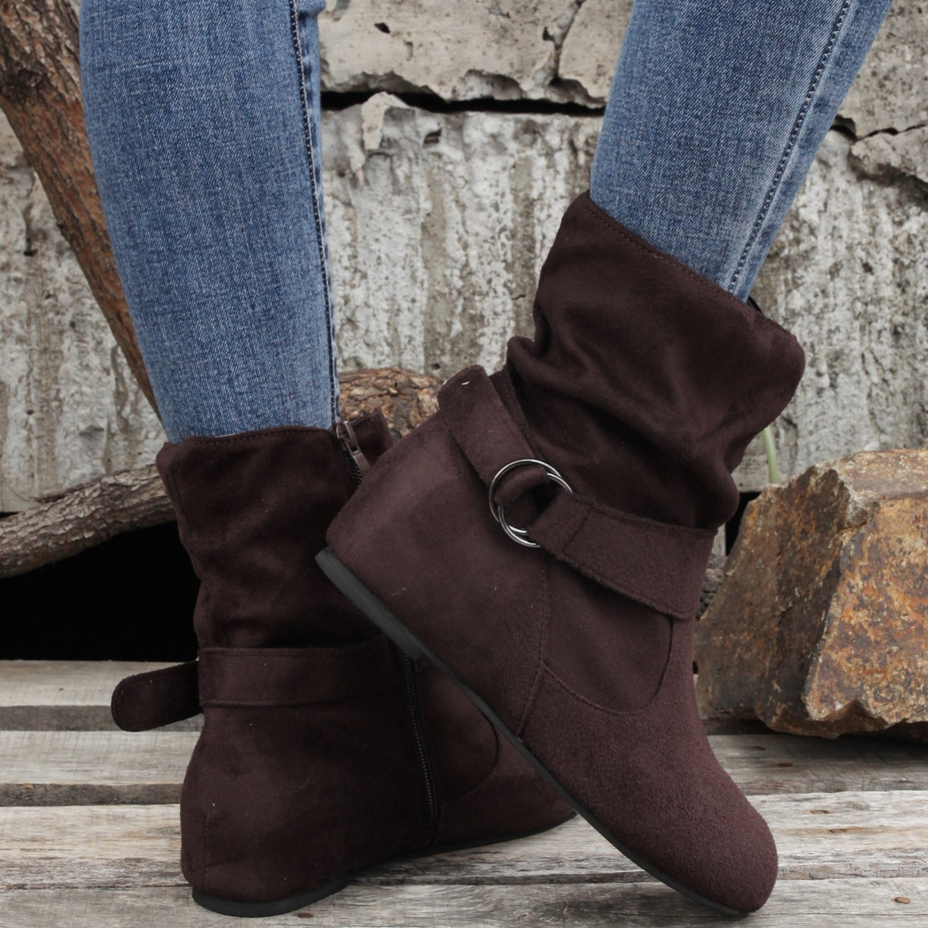 1.18inch Inner Height Increase Women's Short Boots with Flat Sole, Buckle Closure, Comfortable, Warm, and Lightweight, Women Shoes NovaCart