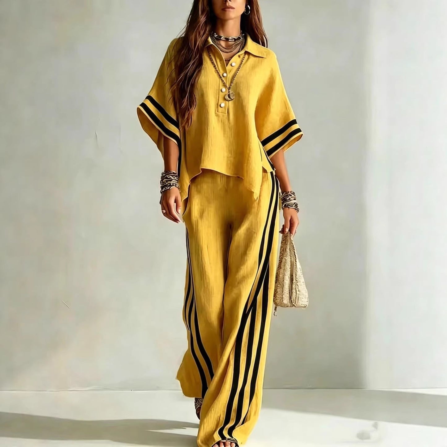 Women's Short-Sleeve Shirt & Loose Pants Two-Piece Set FitiqueFit