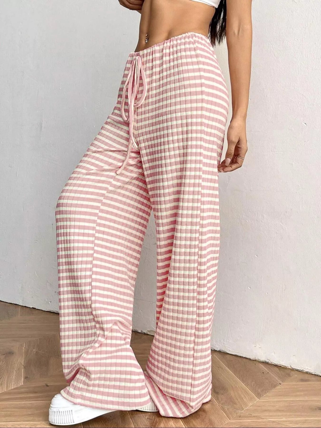 Striped Ribbed Knit Drawstring Waist Wide Leg Pants New Era Fashion LLc