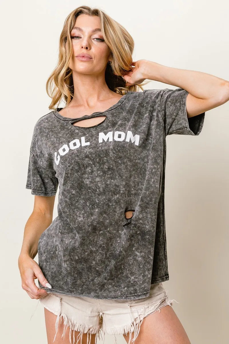 BiBi Washed Laser Cut Detail Cool Mom Print Top New Era Fashion LLc