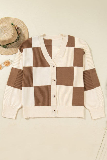 Plus Size Checker Ribbed Knit Buttoned V-Neck Card Shop Style & More | Fresh Looks, Everyday Deals & Free Shipping