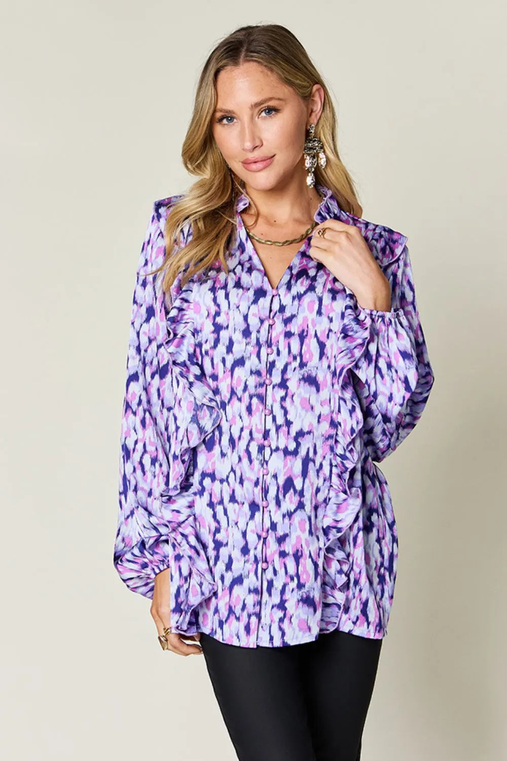 Double Take Full Size Printed Ruffle Trim Balloon Sleeve Shirt New Era Fashion LLc