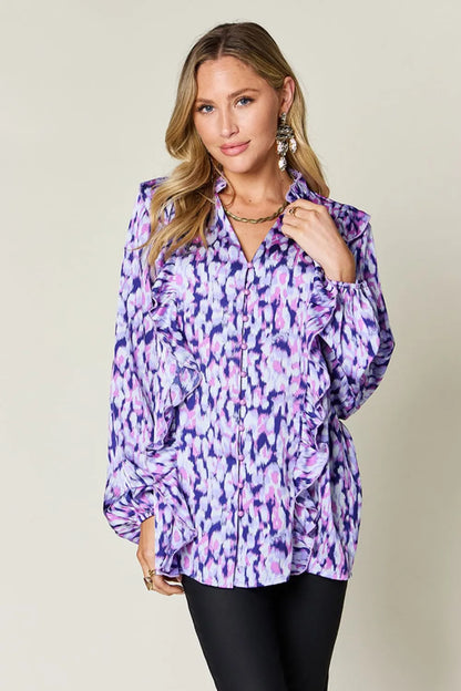 Double Take Full Size Printed Ruffle Trim Balloon Sleeve Shirt New Era Fashion LLc