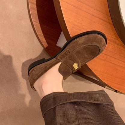 Women's British-Style Gold Coin Loafers | Block Heel Leather Slip-Ons FitiqueFit
