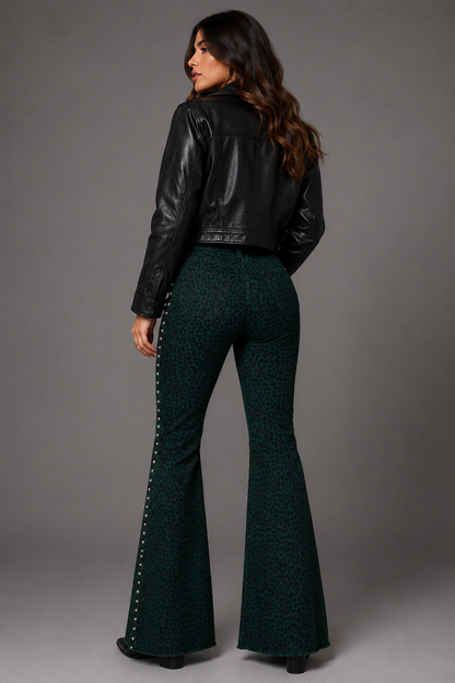 Studded Bell Bottom Jean in Leopard Green GJG DENIM