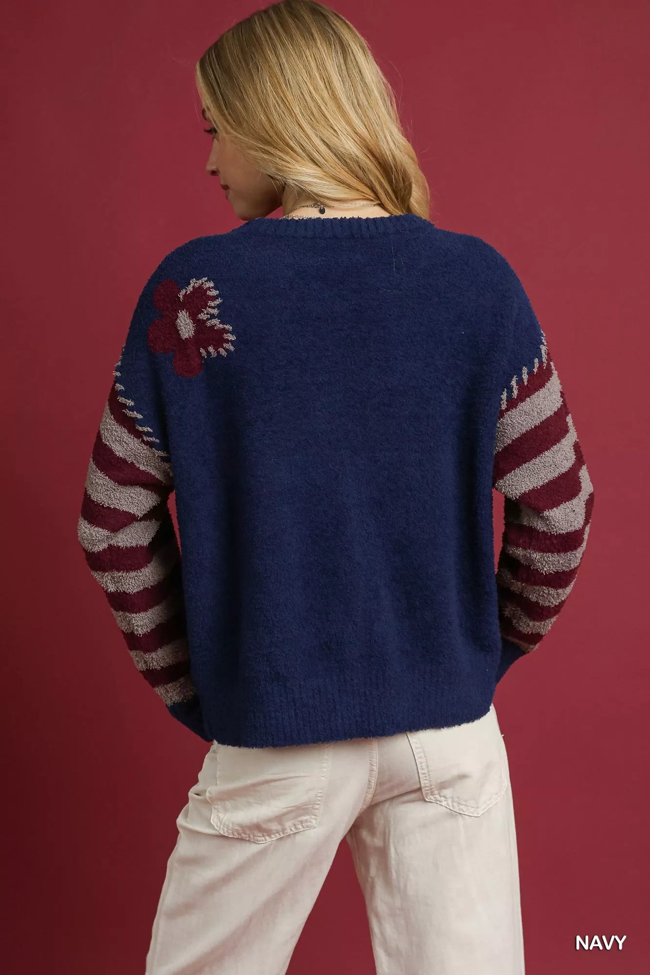 Umgee Flower Jacquard Striped Long Sleeve Sweater FitiqueFit