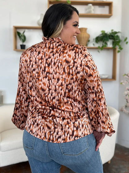 Double Take Full Size Printed Ruffle Trim Balloon Sleeve Shirt New Era Fashion LLc