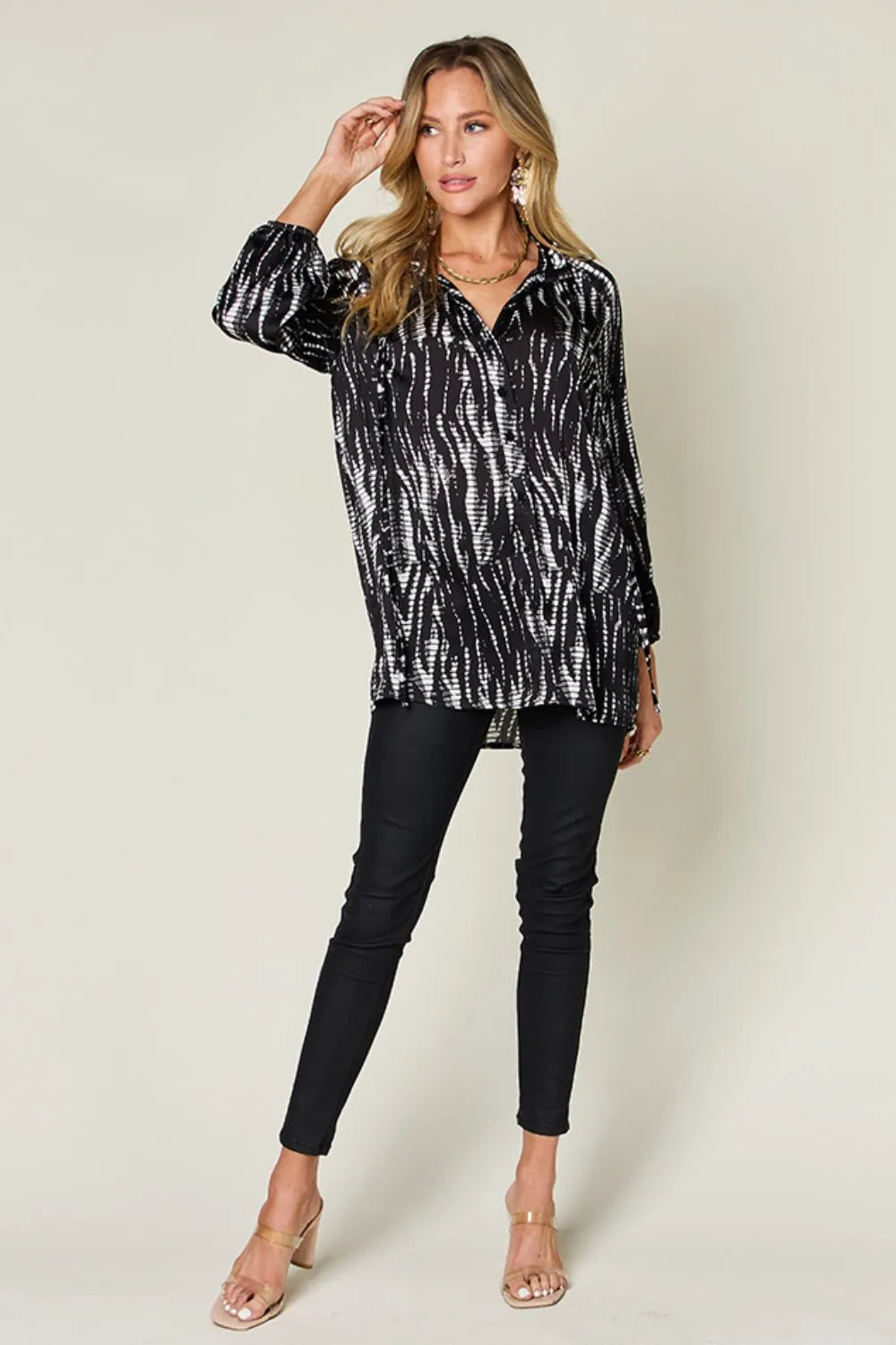Double Take Full Size Printed Button Up Long Sleeve Shirt New Era Fashion LLc