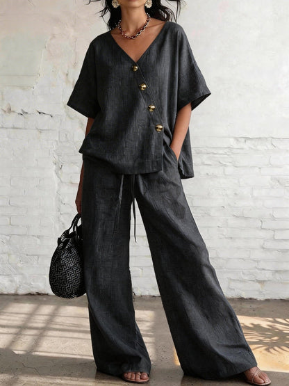 Women's Loose Cotton-Linen V-Neck Top & Wide-Leg Pants Set FitiqueFit