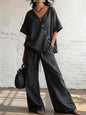 Women's Loose Cotton-Linen V-Neck Top & Wide-Leg Pants Set FitiqueFit