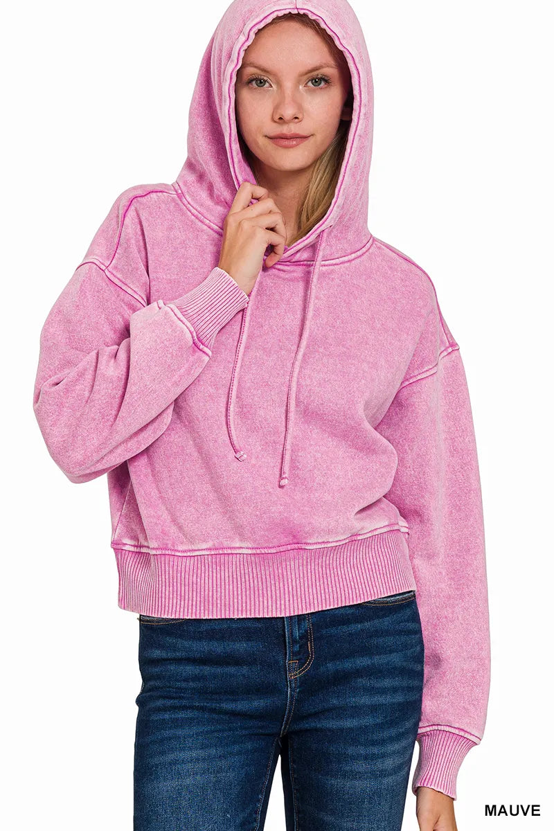 Zenana Acid Wash Fleece Drawstring Cropped Hoodie West2East Surf