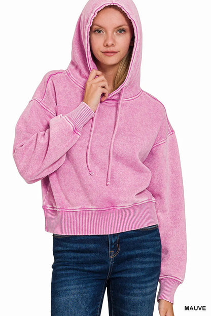 Zenana Acid Wash Fleece Drawstring Cropped Hoodie West2East Surf