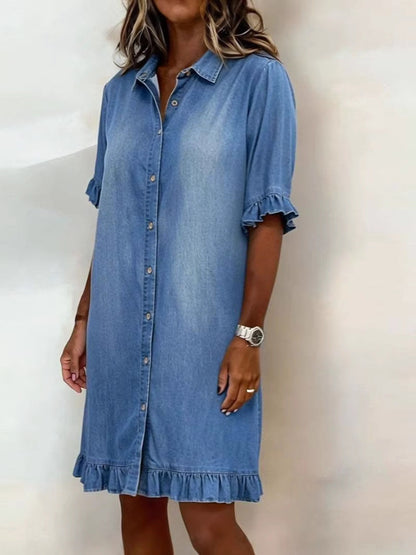 Women's Faux Denim Ruffle-Sleeve Shirt Dress FitiqueFit