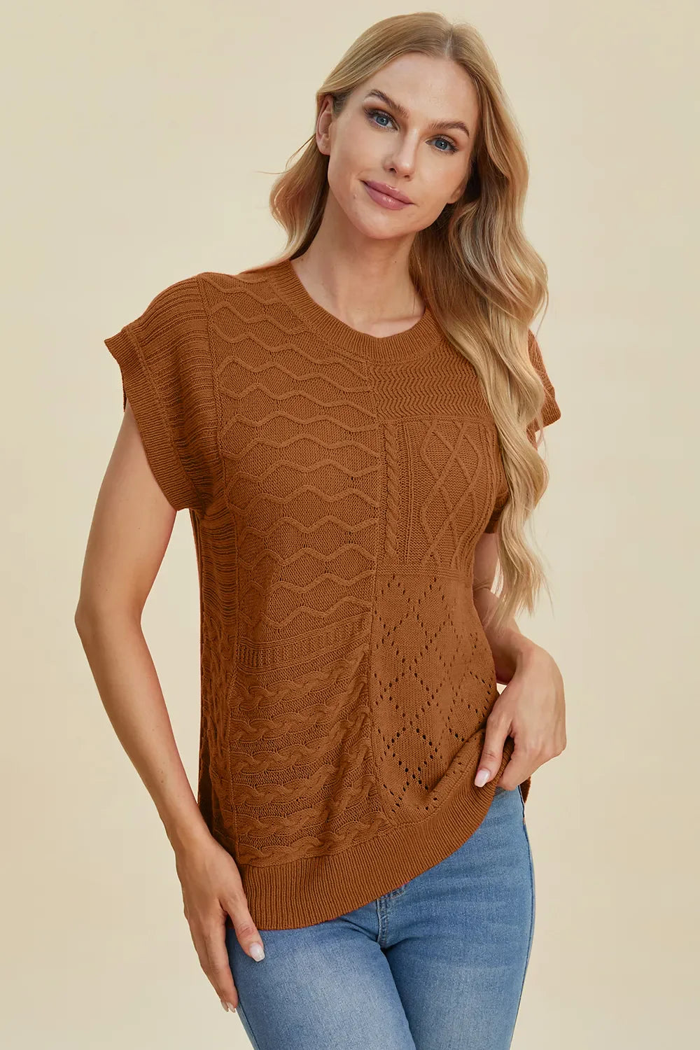 Double Take Full Size Cable-Knit Round Neck Cap Sleeve Sweater New Era Fashion LLc