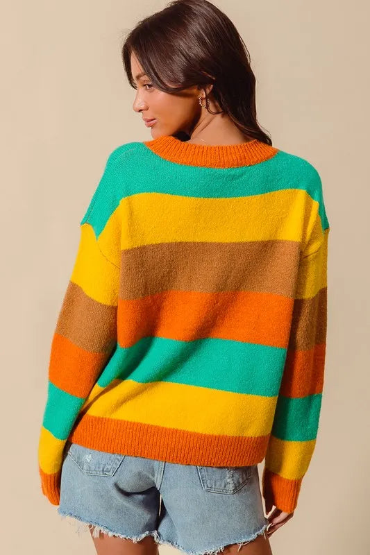 SO ME Multi Color Stripe Sweater with Ribbed Detail West2East Surf