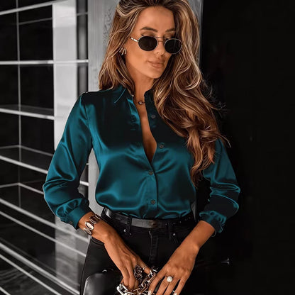 Women's Drapey Satin Lapel Shirt Long Sleeve FitiqueFit