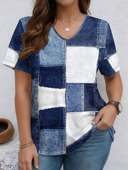 V-Neck Denim Print Short Sleeve T-Shirt | Loose Casual Tee FitiqueFit