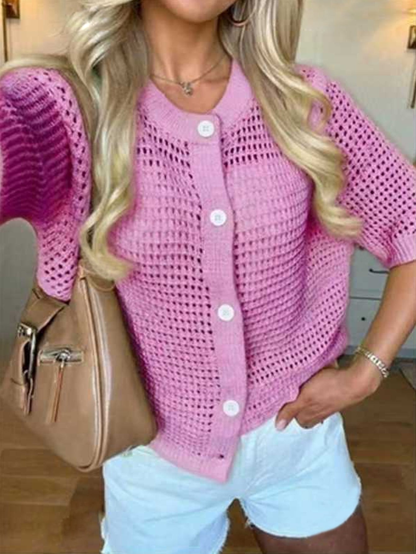 Women's Hollow-Out Knit Cardigan – Open Front, Short Sleeve, Solid Color FitiqueFit