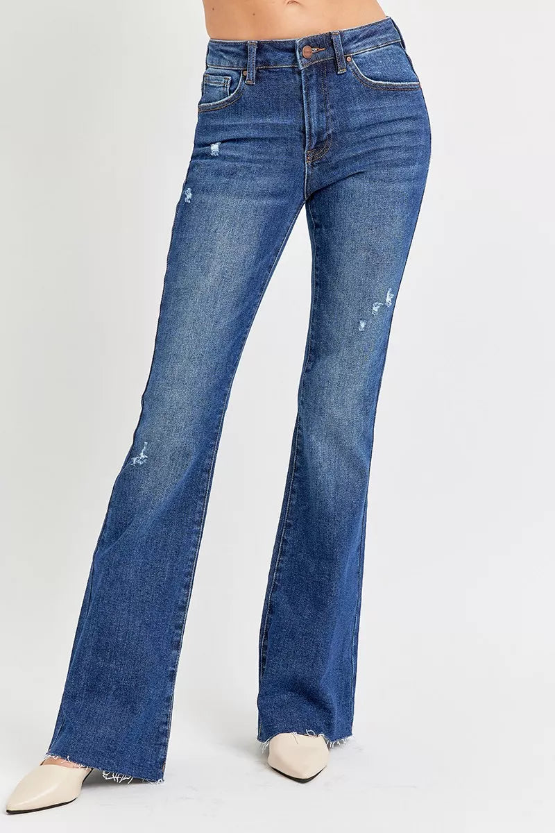 RISEN Full Size Distressed Mid Rise Flare Jeans Plus Size Garden Naked Curves