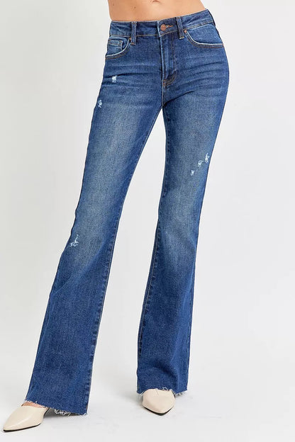 RISEN Full Size Distressed Mid Rise Flare Jeans Plus Size Garden Naked Curves