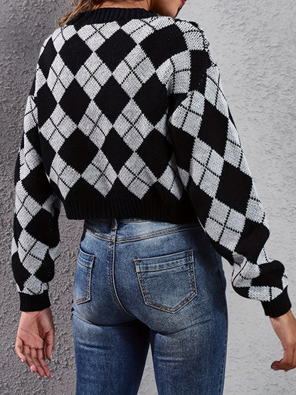 Women'S Elegant Tartan Knit Cardigan, V-Neck Short Length Sweater with Button Detail, Acrylic 100% Long Sleeve Knitwear for Fall/Winter NovaCart