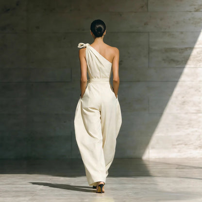 Women's Loose Sleeveless Off-Shoulder Belted Wide-Leg Jumpsuit FitiqueFit