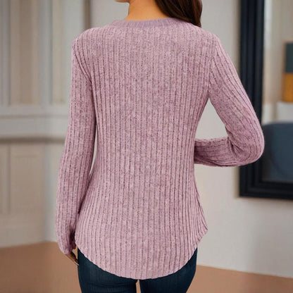 Women's Solid Color Button V-Neck Long Sleeve Knit Top FitiqueFit