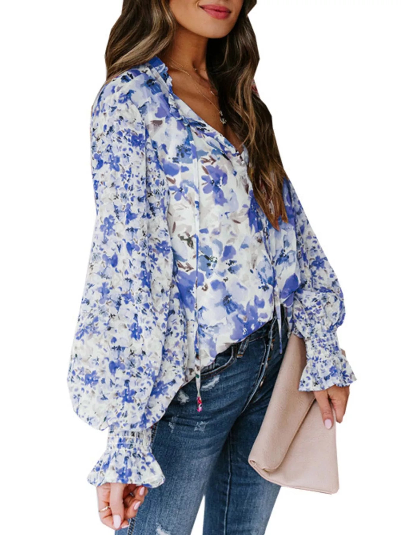 Full Size Floral Print Smocked Cuff Blouse Plus Size New Era Fashion LLc
