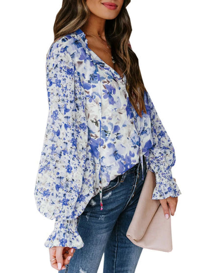 Full Size Floral Print Smocked Cuff Blouse Plus Size New Era Fashion LLc