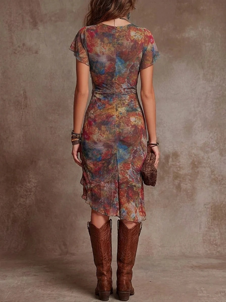 Women’s Slim-Fit Printed V-Neck Defined Waist Dress FitiqueFit