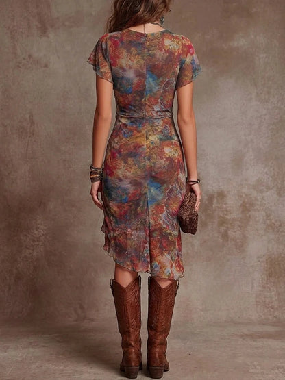 Women’s Slim-Fit Printed V-Neck Defined Waist Dress FitiqueFit