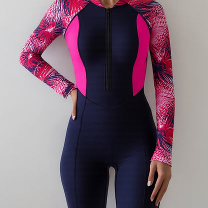 Colorblock Long Sleeves One-Piece Swimsuit Women, Zip Front Rash Guard Round Neck Tummy Control Bathing Suit, Women's Swimwear & Clothing NovaCart