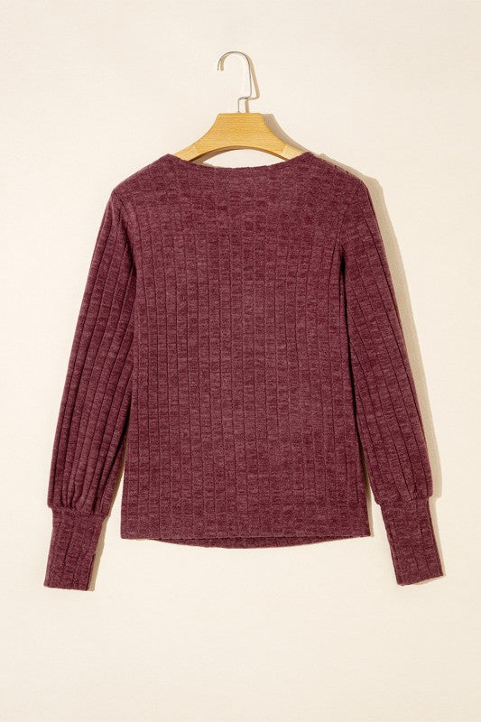 Mineral Red Ribbed Bishop Sleeve Round Neck Top Shop Style & More | Fresh Looks, Everyday Deals & Free Shipping
