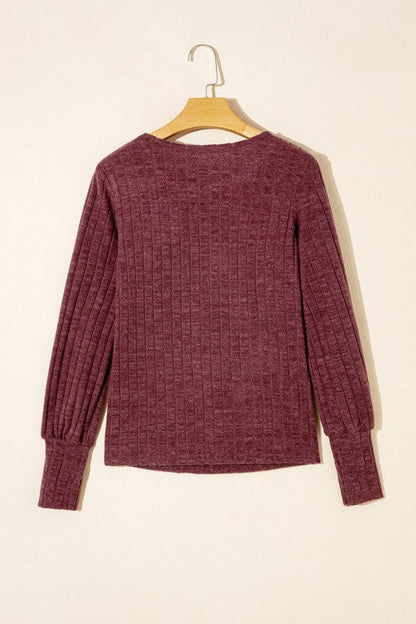 Mineral Red Ribbed Bishop Sleeve Round Neck Top Shop Style & More | Fresh Looks, Everyday Deals & Free Shipping