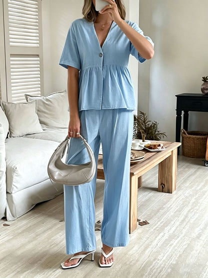 Women's V-Neck Loose Short-Sleeve Top & Wide-Leg Pants Set FitiqueFit