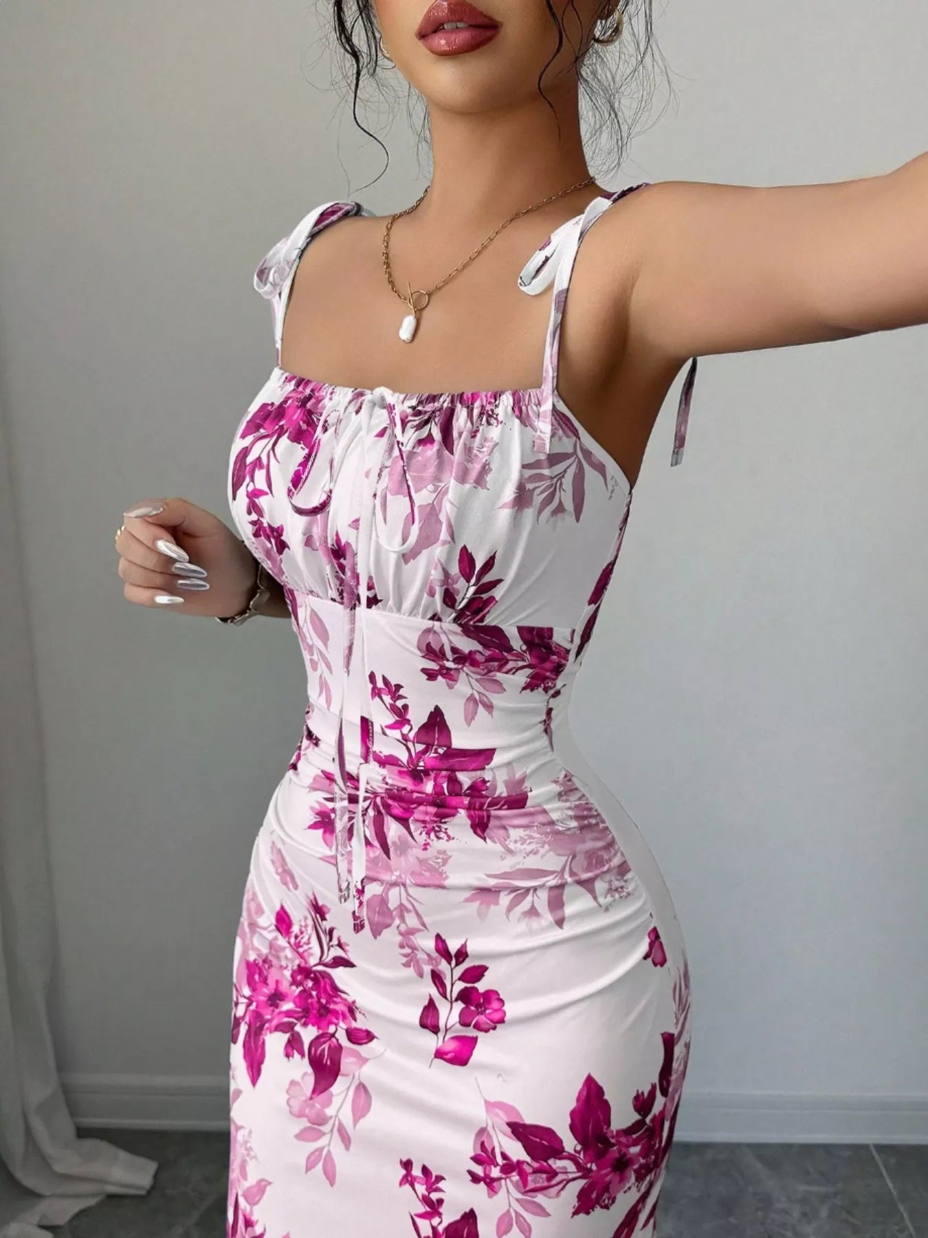 Printed Tie Strap Slit Maxi Dress New Era Fashion LLc