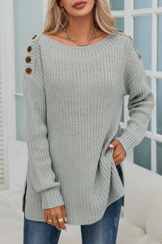 Solid Buttoned Drop Shoulder Sweater Shop Style & More | Fresh Looks, Everyday Deals & Free Shipping