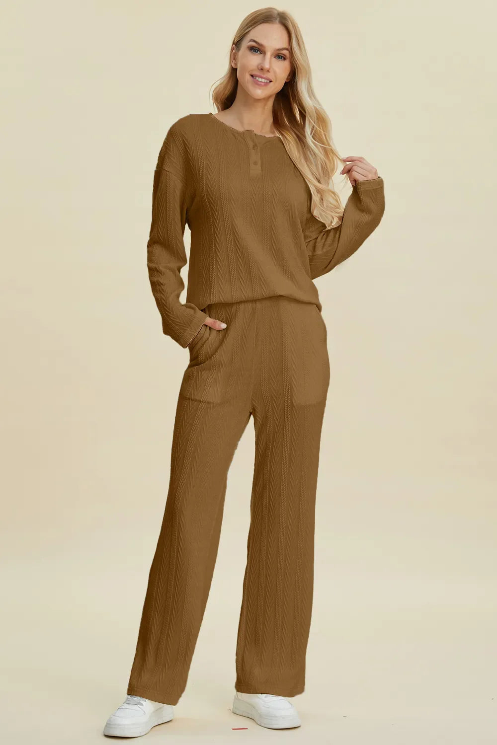 Double Take Full Size Cable-Knit Long Sleeve Top and Pants Set West2East Surf