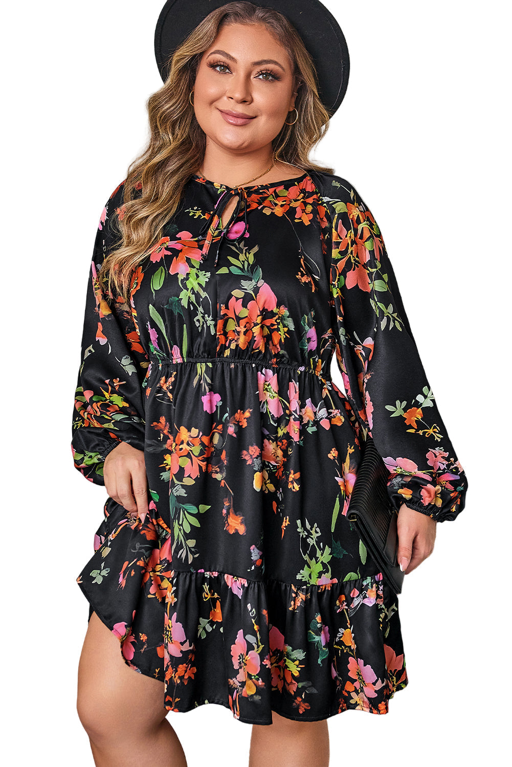 Black Plus Size Floral Print Tie Neck Cinched Waist Long Sleeve Mini Dress Garden Naked Curves