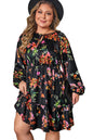 Black Plus Size Floral Print Tie Neck Cinched Waist Long Sleeve Mini Dress Garden Naked Curves