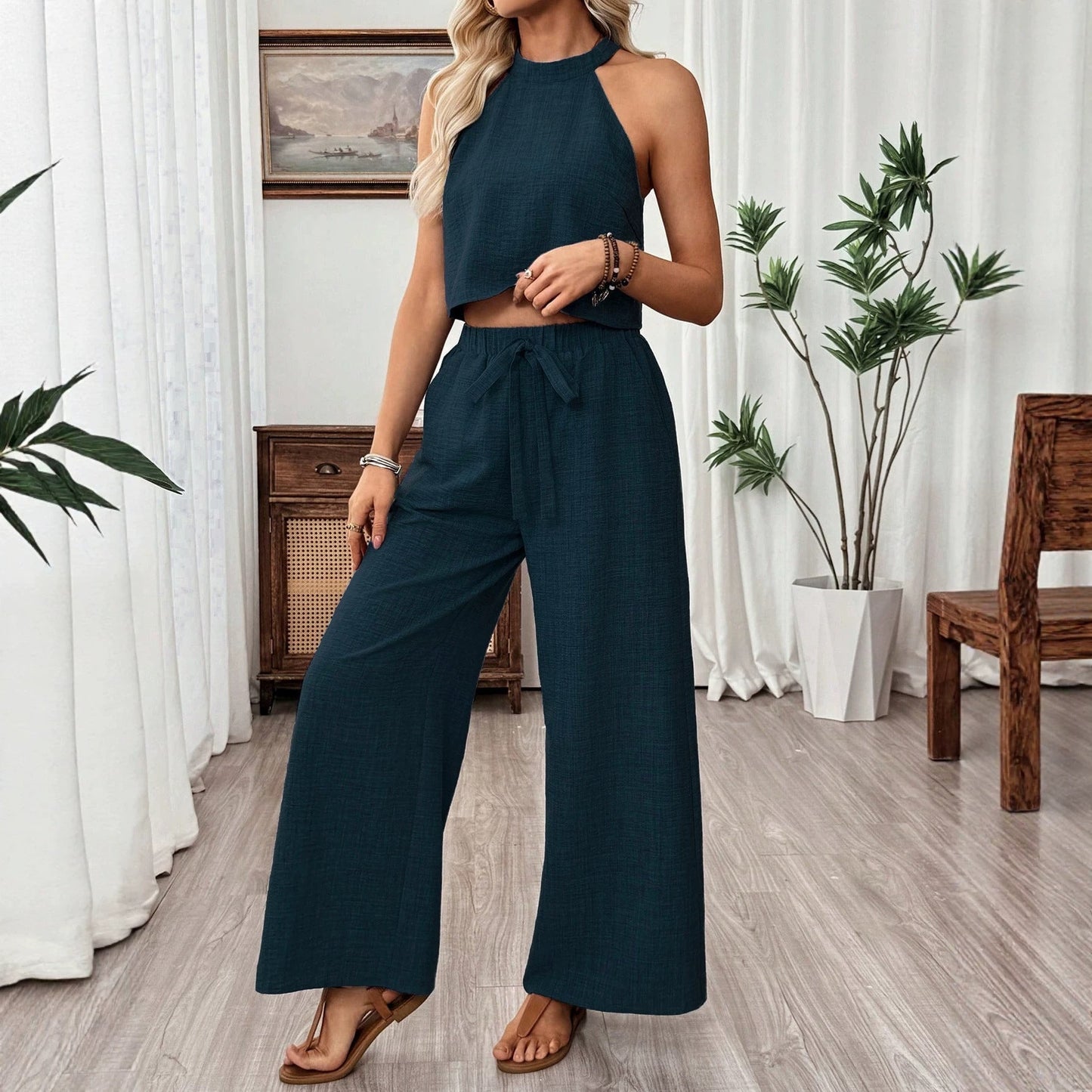 Women's Halter Neck Cropped Top & Wide-Leg Pants Two-Piece Set FitiqueFit