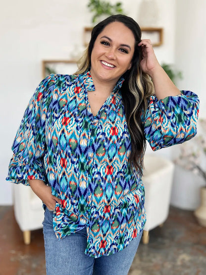 Double Take Full Size Printed Balloon Sleeve Blouse New Era Fashion LLc