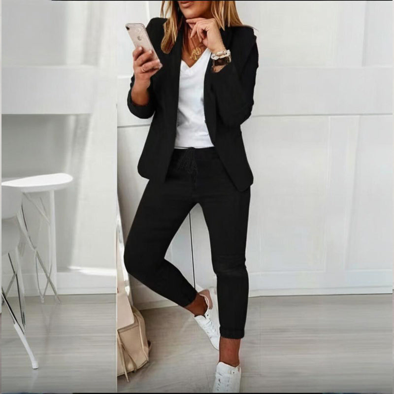 Women’s Notch-Lapel Blazer & Drawstring Pants Suit Set FitiqueFit