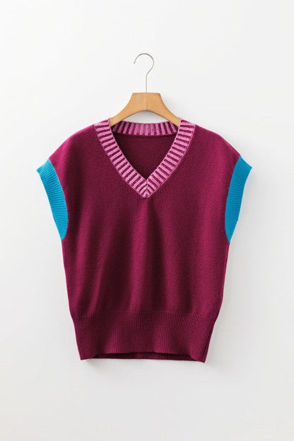 Colorblock V-Neck Cuffed Short Sleeve Sweater Shop Style & More | Fresh Looks, Everyday Deals & Free Shipping