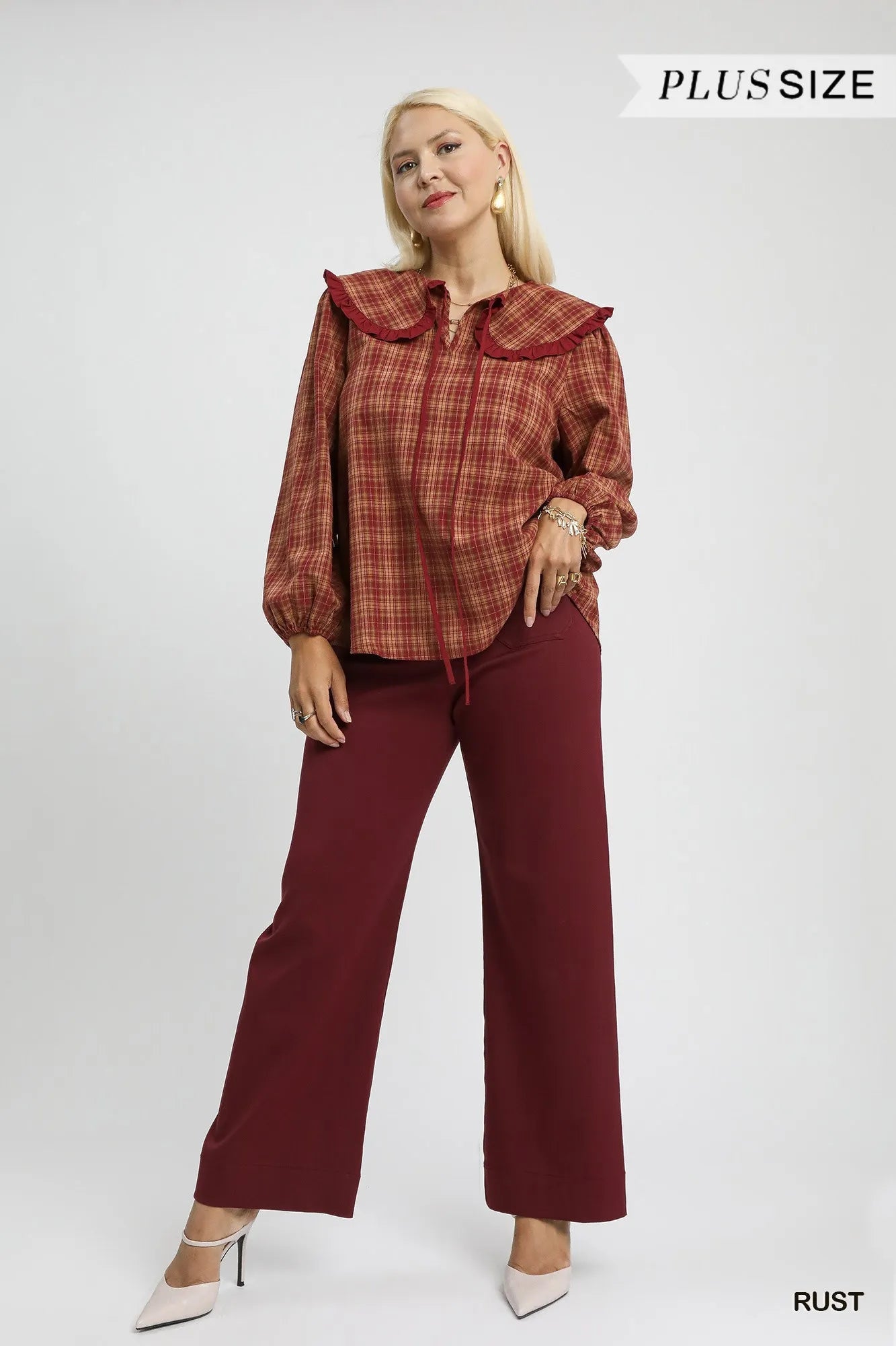 Umgee Full Size Plaid Ruffle Collar Blouse Plus Size Garden Naked Curves