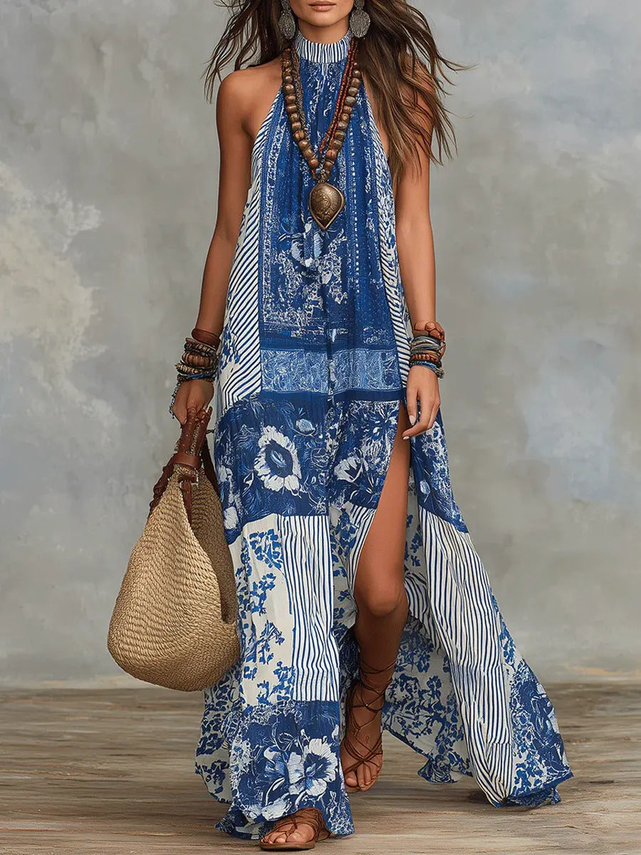 Women's Printed Halterneck Split Maxi Dress – Loose Fit Sleeveless FitiqueFit