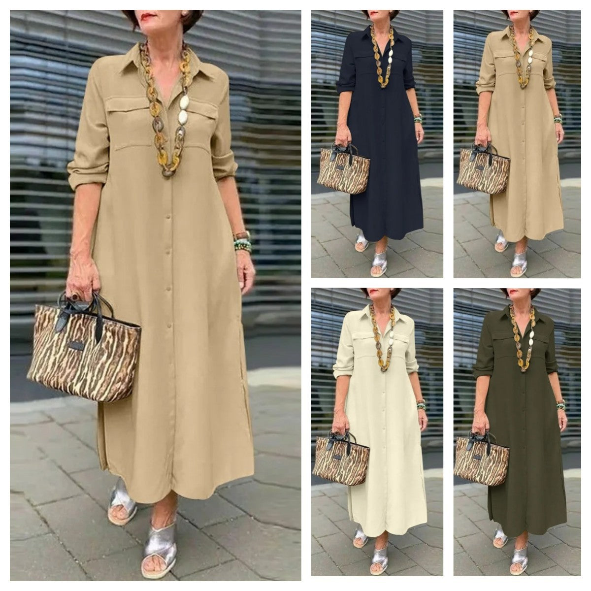 Elegant Solid Color Long Sleeve Button Lapel Dress Grayceful LLC