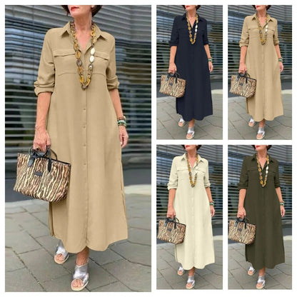 Elegant Solid Color Long Sleeve Button Lapel Dress Grayceful LLC